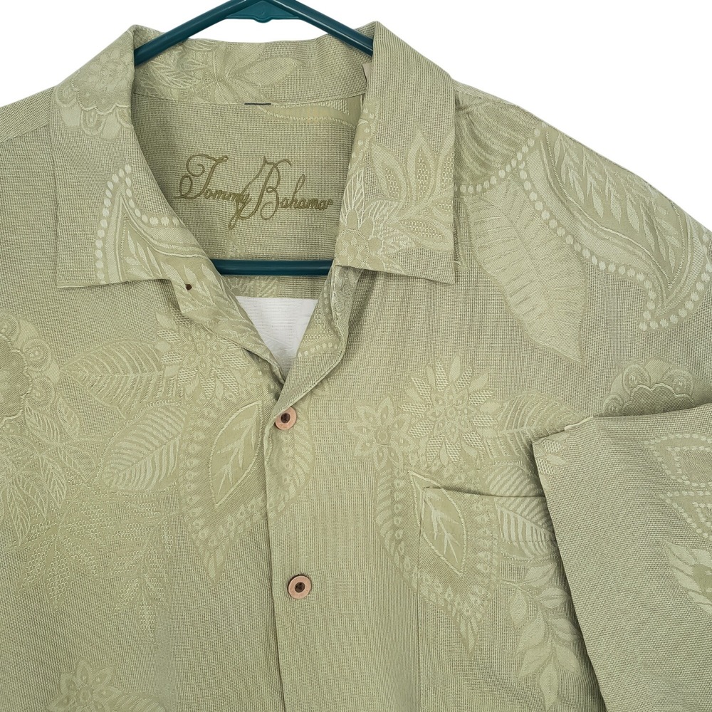 Tommy Bahama Button Front Shirt Mens XL Olive Green Floral Jacquard 100% Silk